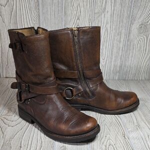 Frye Veronica Short Rustic Brown Leather Strappy Moto Boots Womens Size 6.5